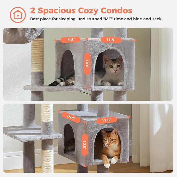 69" Tall Cat Tree for Indoor Cats Large Adult, Multi-Level Cat Tower | Multi-Level Cat Tree with Scratching Posts, Soft Padded Perch, 2 Dangling Toys