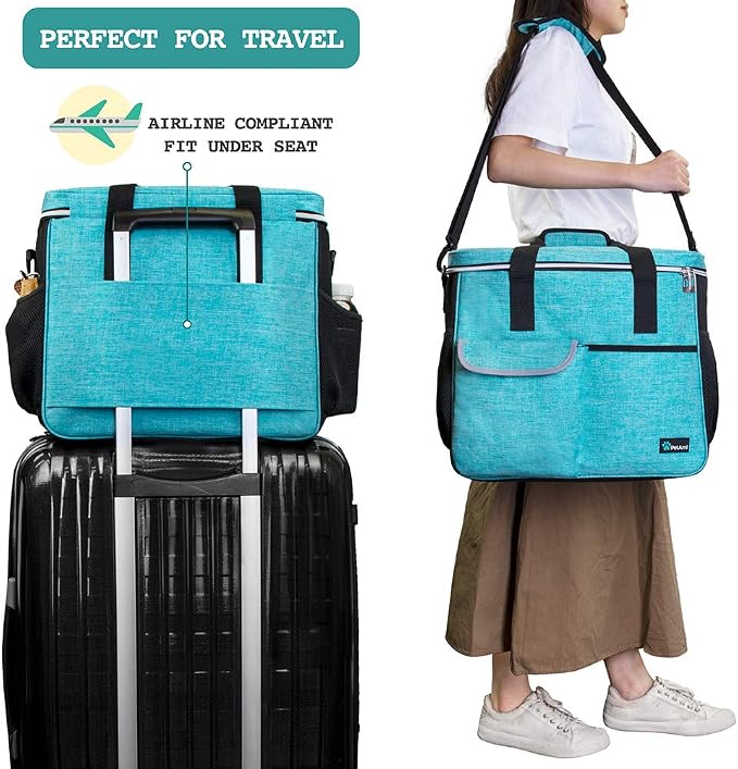 PetAmi Dog Travel Bag Organizer, Pet Travel Kit with 2 Food Containers & 2 Collapsible Dog Bowls, Pet Supplies Tote with Luggage Sleeve, Weekend Road Trip Camping Essentials, Teal Blue, Large