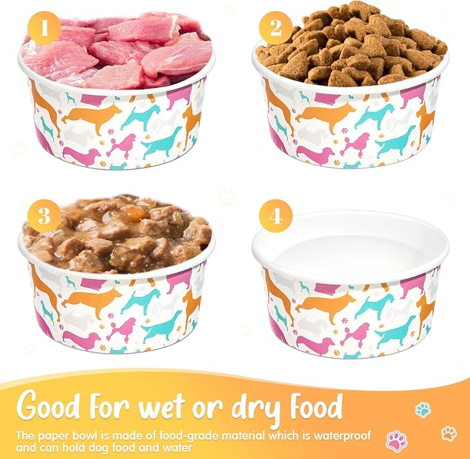 100 Pcs Disposable Dog Bowls 1.5 Cups Pets Disposable Feeding Bowls for Dogs and Cats Pets Paper Travel Cups for Small Medium Dogs Cats Puppy Kitten Dry or Wet Serving Food Water (Classic)