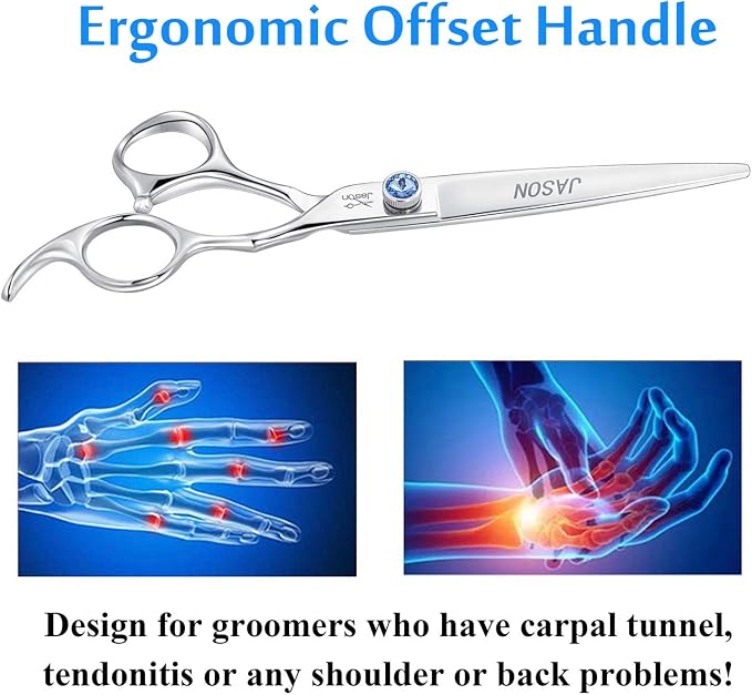 JASON Dog Grooming Scissors Shears - 7" Straight Ergonomic Pet Trimming Kit | Premium Cats Shear with Offset Handle and Jewelled Screw, Sharp, Comfortable, Gift