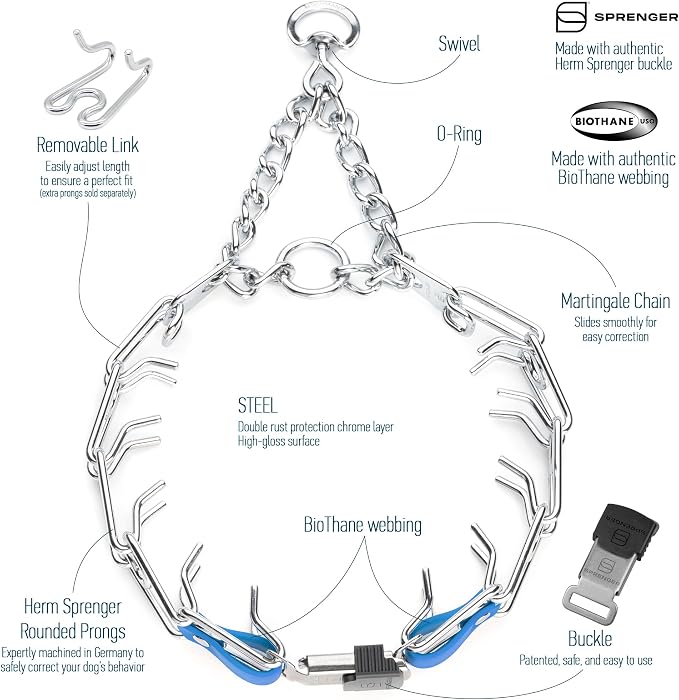 Herm Sprenger Chrome Plated Steel Dog Collar with Quick Release ClicLock Buckle and Biothane Insert Training Collar for Dogs Made in Germany (Cerulean Blue, 25in x 4.0mm(Neck Size up to21-22in))