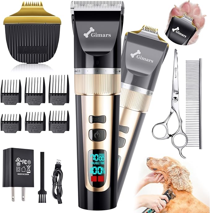 Gimars 4 in 1 Dog Grooming Clippers with Small Trimmer, 7000RPM High-Power 4-Speed Quiet Pet Shaver (≤55dB), Cordless Rechargeable Dog Hair Clippers for Thick Coats with Scissors, Comb & USB