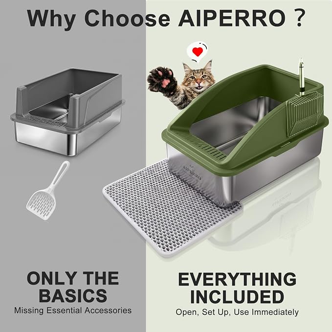 AIPERRO Stainless Steel Litter Box | XL Enclosed Cat Litter Boxes with Lid for Big Cats | High Sided, Anti-Urine Leakage | Non-Stick Bottom & Includes Litter Mat & Metal Scoop (Olive Green)