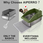 AIPERRO Stainless Steel Litter Box | XL Enclosed Cat Litter Boxes with Lid for Big Cats | High Sided, Anti-Urine Leakage | Non-Stick Bottom & Includes Litter Mat & Metal Scoop (Olive Green)