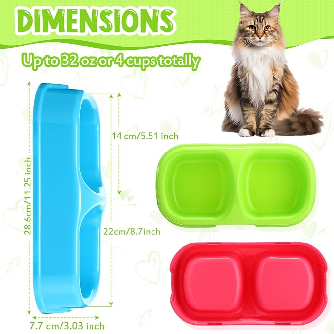 Hsei 12 Pcs Plastic Double Cat Dog Food Water Bowl,11.25 x 5.9 x 3.03 Inch | 12 Pack Bulk Set, PP Plastic, Raised Design, Dishwasher Safe, for Kennel Cattery Small Medium Pet Supplies, 3 Assorted Colors