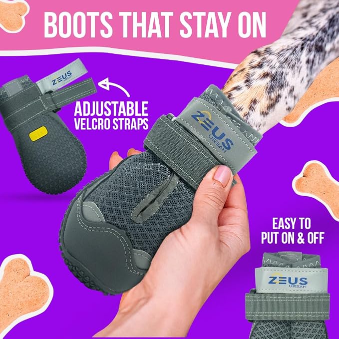 Dog Boots – Breathable Paw Protectors, Anti-Slip Sole (4 Pack, Size 1, Army Grey), for Small Dogs | Hiking, Hot Pavement & Winter Snow | Adjustable Straps with Reflective Safety Design