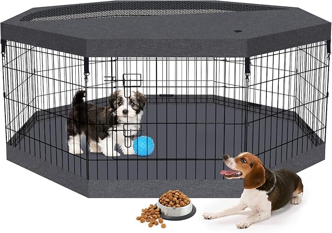 Peekaboo Dog Playpen 24" H 8-Panel with Top Cover & Bottom Pad, Black | 24 Inch 8 Panel Foldable Rustproof Metal Dog Playpen with Top Cover and Waterproof Bottom Pad