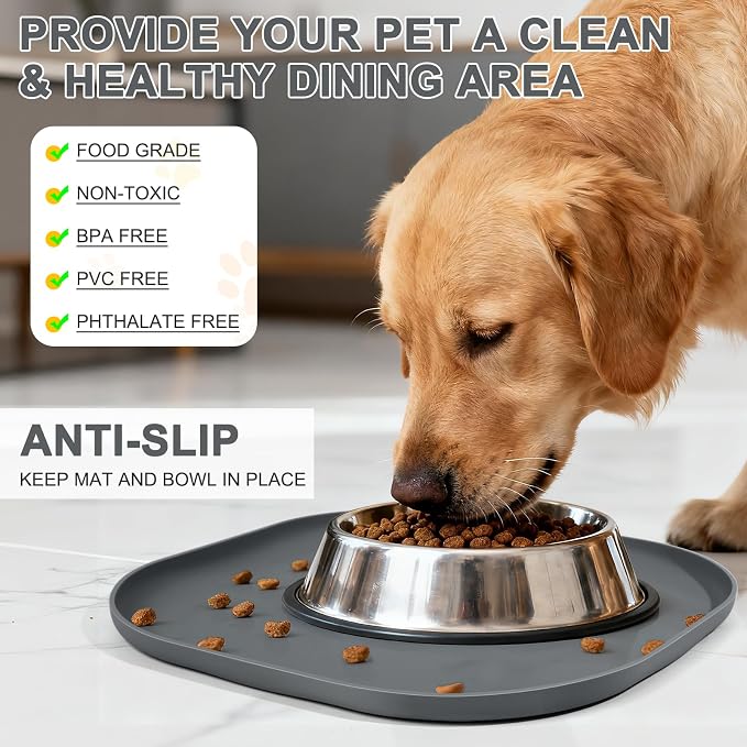 SMILOOL Small Silicone Pet Food Mat with Raised Edge for Food and Water Bowl, Square Dog Feeding Mats, Cat Food Trays for Floor Waterproof, Rubber Tray for Dogs and Cats, 12 x 12 x 0.7 Dark Gray