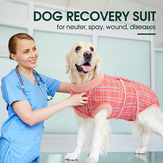 Kuoser Dog Recovery Suit for Female Male Dogs, Post-Surgery Bodysuit for Spay Neuter, Dog Onesie After Surgery, Anti-Licking Pet Surgical Recovery Suit, Pink L