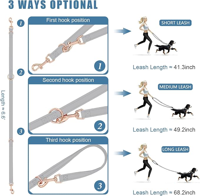 Soft Leather Dog Collar and Leash (6.6') Set - Stylish Rose Gold Heavy Duty Metal Buckle, 4 Adjustable Lengths Leash for Small Medium Large Dogs - Comfortable & Easy to Clean Grey M(13.8"-19.7")