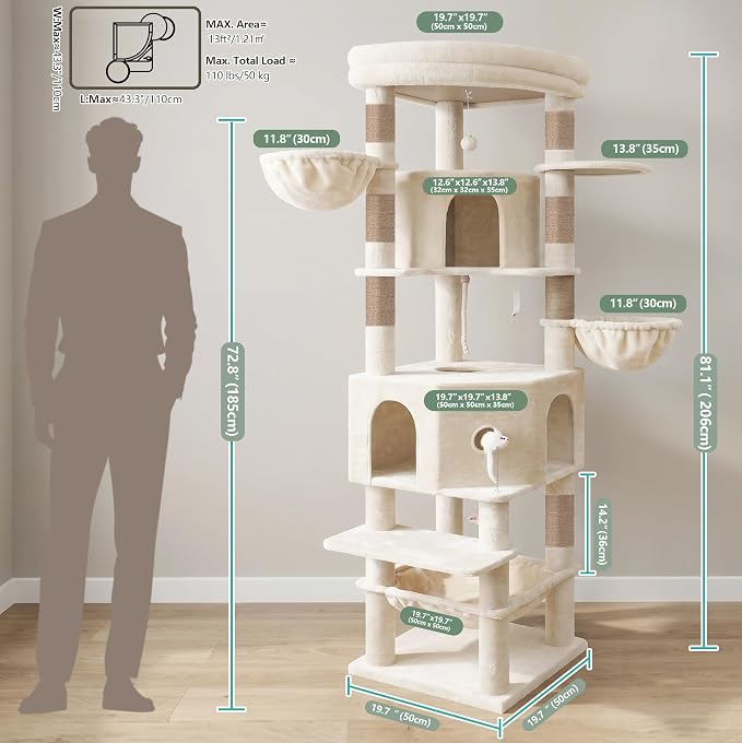Cat Tree, 81.1" Skyward Corner Cat Tower for Large Cats VCT031MJ | Space-Smart Cat Furniture with Diamond Hideout, Grand Platform, Firm Base, 3 Soft Hammock & Pet Relax Station, Beige