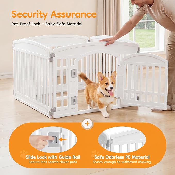 NEWBULIG Dog Playpen 4 Panel 24 Inch Puppy Fence, Indoors Outdoor Plastic Portable Pet Play Pen with Secure Locking Door for Small Medium Dogs for Yard, RV Camping