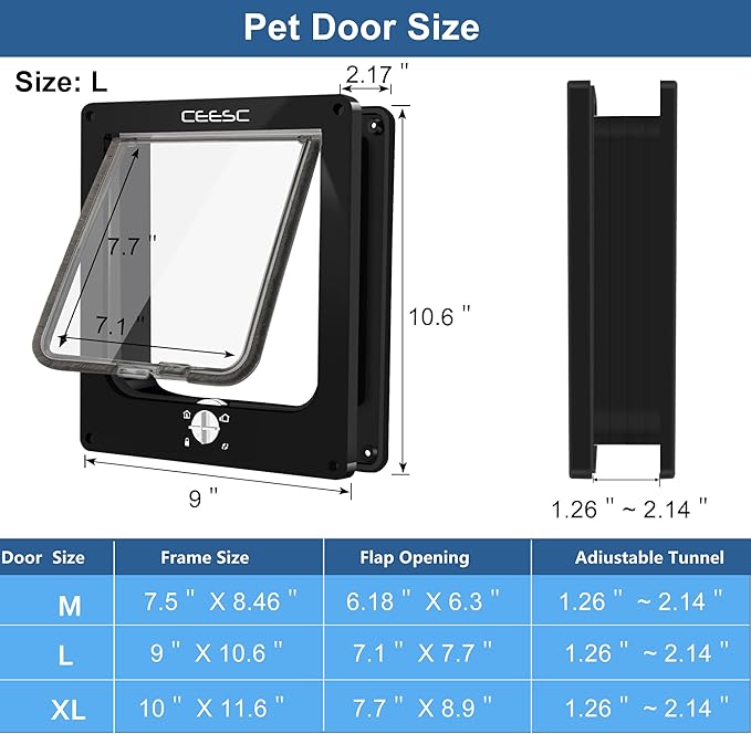 CEESC Large Cat Door for Interior/Exterior, for Pets <23.62", Black | Rotary 4-Way Lock, Weatherproof, Fits doors 1.26-2.14", Adjustable tunnel depth, Upgraded version