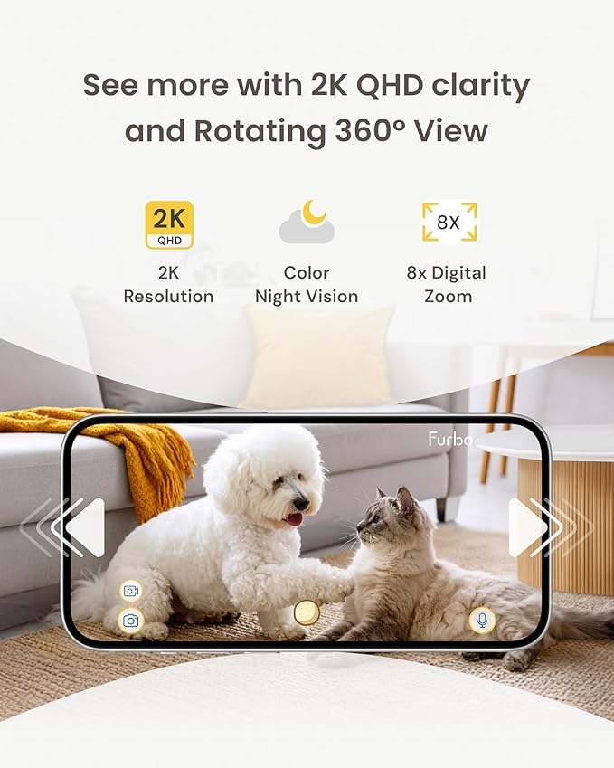 Furbo Mini 360° Pet Camera [No Monthly Fee] | Clear 2K QHD Video, 360° Rotating View, Barking/Meowing Alerts, 2-Way Audio, Color Night Vision, Pet Monitoring, No AI Alerts