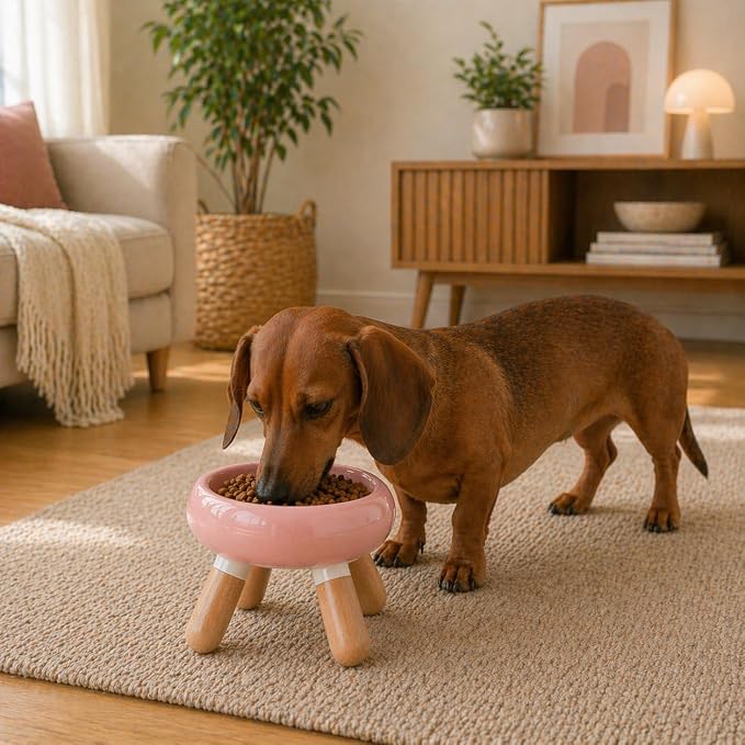INW Elevated Ceramic Pet Bowl with Wooden Stand – Raised Cat & Dog Feeder, Interchangeable, Anti-Tip, Dishwasher Safe, 12 oz, Easy to Clean – Pink
