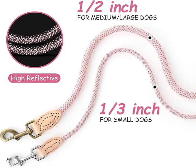 Mile High Life Dog Leash with Genuine Leather Connection, Thin Lightweight | Rope Leash, Heavy Duty 360° Swivel Metal Clasp, for Small Medium & Large Dogs Walking (Pink, 60 Inch-1/3)