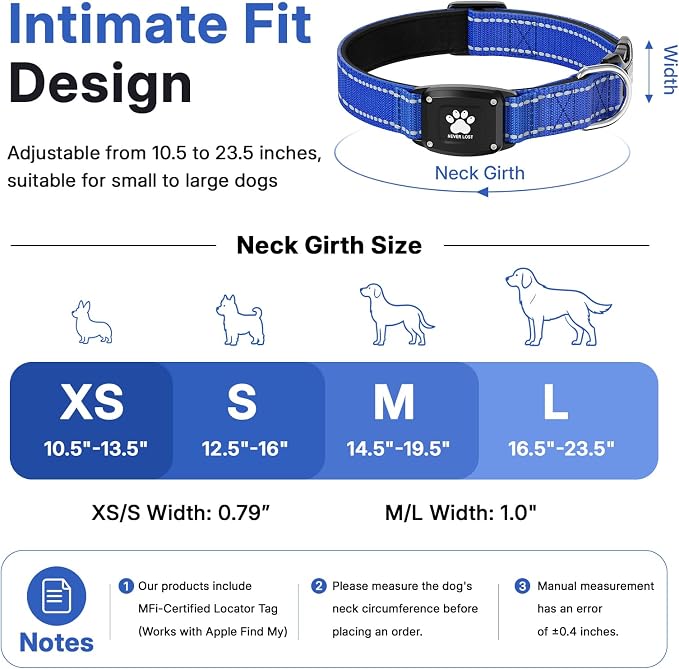 GPS Dog Collar Tracker 2-in-1,Reflective Waterproof Pet Collar,iOS-Only,No Monthly Fees,Unlimited Range,Dog Tracking Collar Pet Tracker,for Small Medium Large Dogs(L (16.5"-23.5"), Blue)