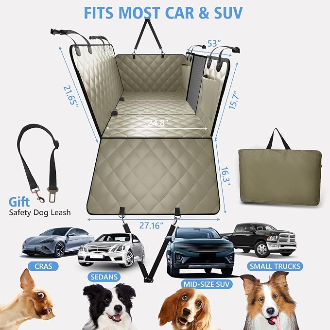 Btefd Back Seat Extender for Dogs, Hard Bottom Dog Hammock for Car & SUV | Dog Seat Cover Supports 420lbs, 45% More Space, Waterproof, Mesh Window, Scratch Resistant, Non-Slip, Easy Care, Beige