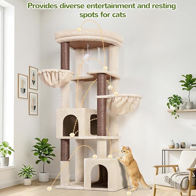 Globlazer C64 Heavy Duty Corner Cat Tree, 64in Large Cat Tower, Beige | Easy Setup, Maine Coon, Extra-Large Top Perch, 2 Condos, 2 Hanging Baskets, 4 Sisal Scratching Posts, Anti-Topple Strap