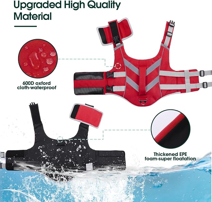 Kuoser Reflective Dog Life Jacket, Dog Life Vest for Swimming Boating | Adjustable Pet Lifejackets, High Flotation Doggie Swimsuit with Rescue Handle for Small Medium Large Dogs