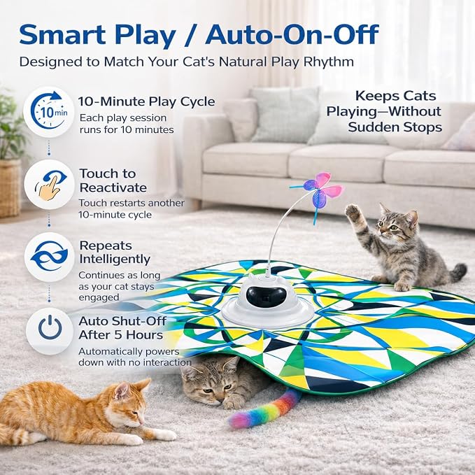 Interactive Cat Toy for Indoor Cats, Rechargeable 3-in-1 Hide & Seek Toy | Touch Activated, Spinning Butterfly, Plush Tail, Ultra Quiet, Rechargeable, Non Slip Base, Self Play for Adult Cats & Kittens