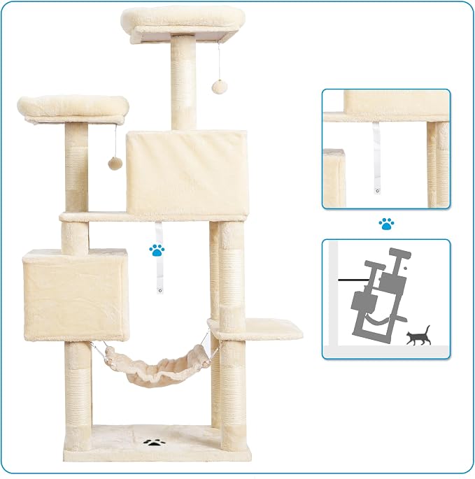 Hey-brother Cat Tree Tower with Sisal Scratching Posts, Big Condo, MPJ020M | 53.7 Inches Multi-Level Cat House with 2 Bigger Plush Condos, 2 Platforms, Hammock, Toy Balls for Indoor Cats, Beige