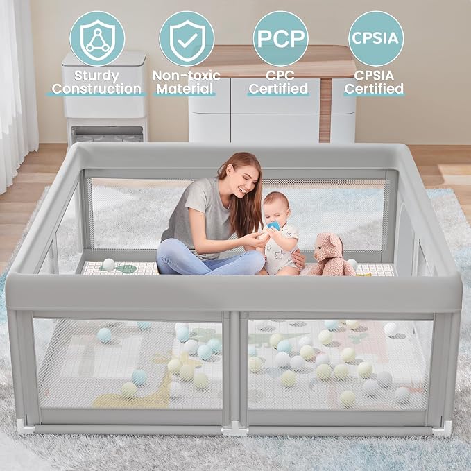 Hiaksedt Baby Playpen with Mat, 50x50 Inch Playpen for Babies and Toddlers | Baby Fence for Indoor & Outdoor, Sturdy Safety Play Yard with Soft Breathable Mesh, Anti-Fall