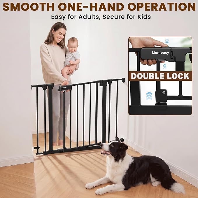 Mumeasy 150" Extra Wide Baby Gate, Play Yard Long Dog Gate for Doorways | Pet Gate Auto Close Walk Thru Door, Adjustable Large Child Safety Fence Gate for House Fireplace Outdoor,6 Metal Panels,Black