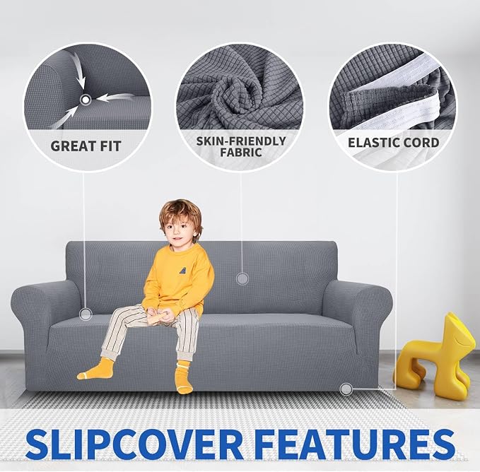 MAXIJIN Super Stretch Couch Cover for 3 Cushion Couch, 1-Piece Universal Sofa Covers Living Room Jacquard Spandex Furniture Protector Dogs Pet Friendly Fitted (Extra Large, Light Gray)