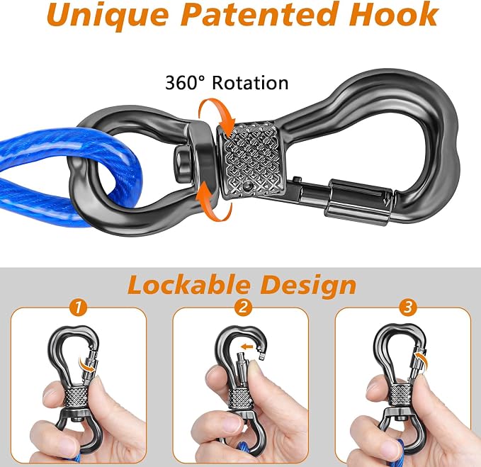 XiaZ Dog Tie Out Cable, Heavy Duty Dog Chains for Outside with Lockable Hook, Pet Runner Cable Leads for Yard, Dogs Line Tether for Small Medium Dogs Up to 250 LBS (50FT, Blue)
