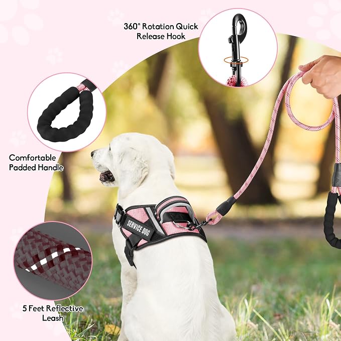 Service Dog Vest Harness and Leash Set, Animire in Training Dog Harness with 10 Dog Patches, Reflective Dog Leash with Soft Padded Handle for Small, Medium, Large, and Extra-Large Dogs (Pink,XS)