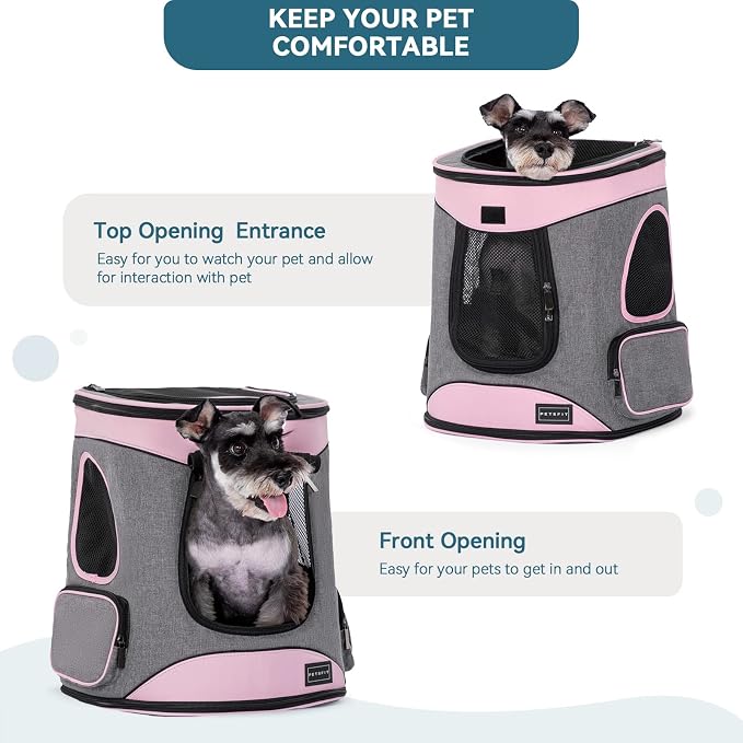 Petsfit Dog and Cat Backpack Carrier, Padded Waist Support, Up to 18 lb | 13.5 x 12.5 x 17.5 in; reinforced frame, 600D Oxford, 4 mesh panels, lockable zippers, safety tether and washable mat.