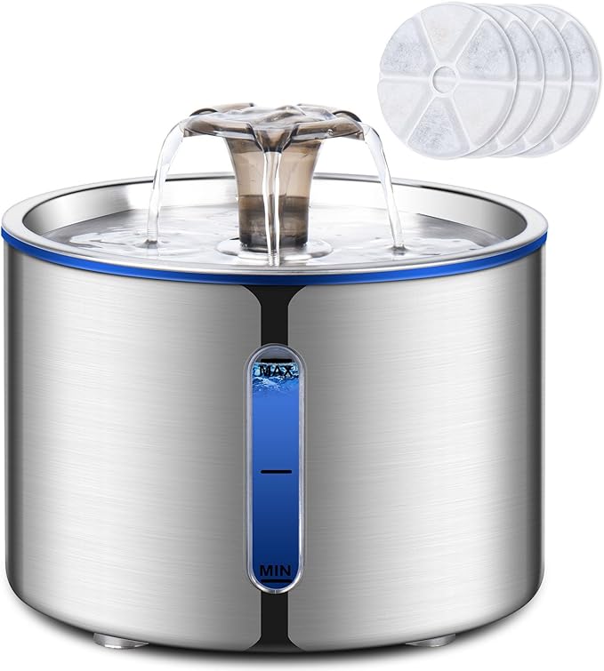 BOORCA Cat Fountain, 84oz/2.5L Stainless Steel Pet Water Fountain, Automatic Dog Water Dispenser, Water Level Window, Ultra-Quiet Pump, Perfect for Cats, Dogs and Multiple Pets, 4 Filters