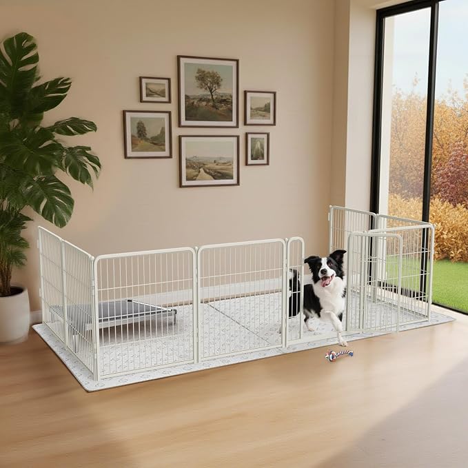 FXW Homeplus Indoor Dog Playpen with Fence-to-Wall Anchors, 32" H, 8 Panels | Calm Indoor Play Area, 4 Wall Anchors for Flexible Boundaries, for Small & Medium Dogs, Patented