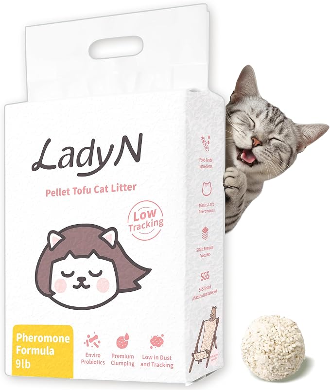 Lady N Cat Attract Tofu Cat Litter, Calming Pheromone Low-Track Pellet 9lb | Natural Attractant Formula, Litter Box Training Aid, Ideal for Multi-Cat Homes, Classic Pellet Shape
