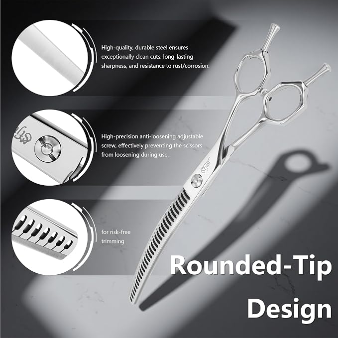 75'' Curved Chunker Shears for Dog Grooming, Professional Japanese 440C Stainless Steel Pet Grooming Scissors with Round Safety Tip & Ergonomic Handle, Sharp Trimming Scissors for Dogs and Cats