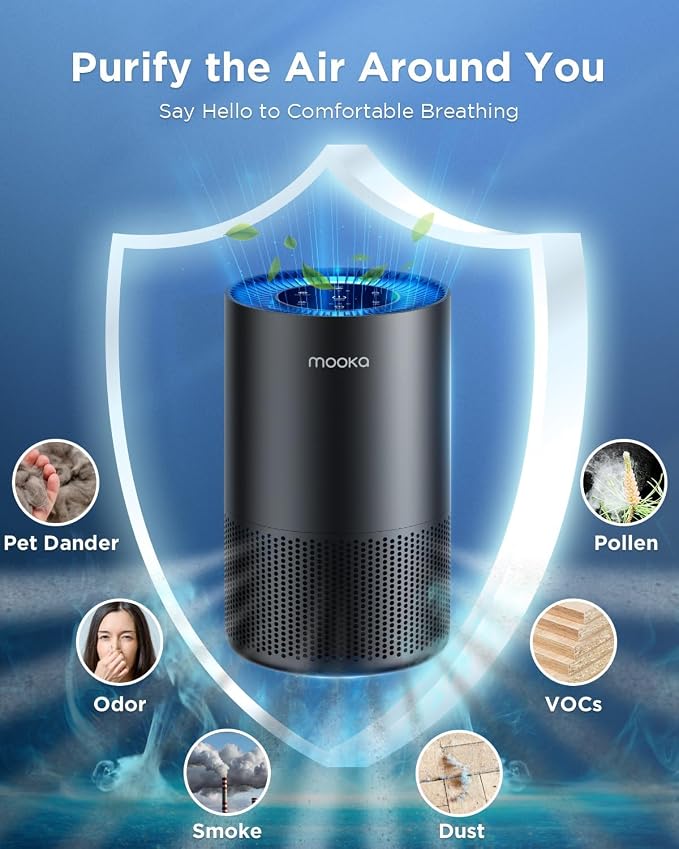MOOKA H13 HEPA Air Purifier for Home Pet Large Room Up to 1300ft², Black | AP-S0610L, 360° Air Intake, 13dB Sleep Mode, Night Light, Child Lock, Fragrance, Timer, Bedroom Wildfire Smoke Dust Pollen