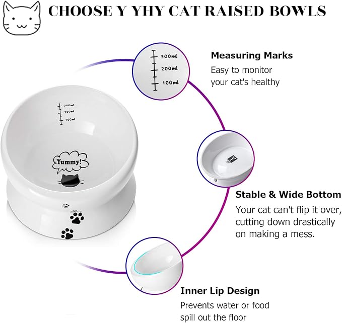 Y YHY Elevated Cat Food Bowl, Raised Food and Water Bowl for Cat and Small Dog, Tilted Ceramic Water Bowls No Spill,15oz, Dishwasher Safe