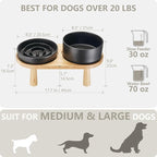 Ceramic Slow Feeder and Water Bowl Set for Medium and Large Dogs, 8.0 Inches Ceramic Dog Bowls Elevated with Wooden Stand, 2.0 Cups Dog Slow Feeder(30oz) and 70oz Water Bowl Set, Black