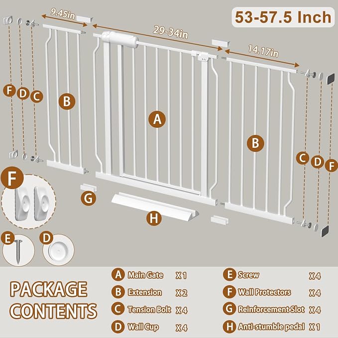 Fairy Baby 53-57.5 inch Extra Wide Baby Gates Auto Close Child Safety Gates | Pressure Mounted Banister Stairs Doorways Hallway, Adjustable Metal Dog Gate with Door for Kids or Pets, Double-Lock, White