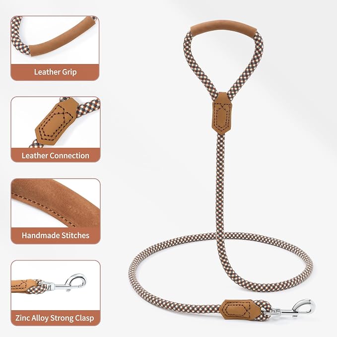 Mile High Life Dog Leash with Genuine Leather Handle, 6 FT/5 FT/4 FT | Leather Grip Rope Leash, Heavy Duty 360° Swivel Metal Clasp, for Small Medium & Large Dogs