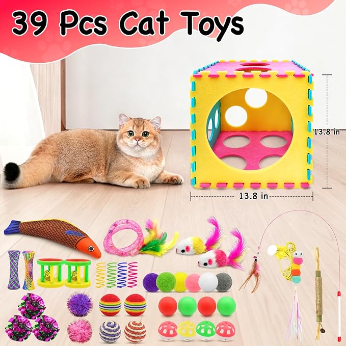 39 Pcs Cat Toys for Indoor Cats, Interactive Fun | Kitten Feather Wand, Catnip Toys, Chew Rope, Springs and Balls, Boredom Relief, Safe and Durable, for All Breeds