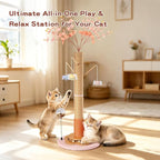 45" Tall Cat Scratching Post for Large Cats Adults | Grooming Brush, Track Ball, Spring Feeder & 3 Bee Toys, Sisal Rope Large Cat Scratcher Tree with Leaves for Indoor Cats, Pink