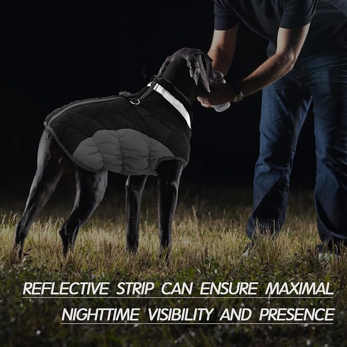 FUAMEY Dog Coat for Large Dogs, Fleece Dog Winter Jacket with Harness | Puppy Cold Weather Coats Reflective Pet Puffer Vest with Zipper Water-Resistant Warm Dogs Snowsuit Windproof Black L