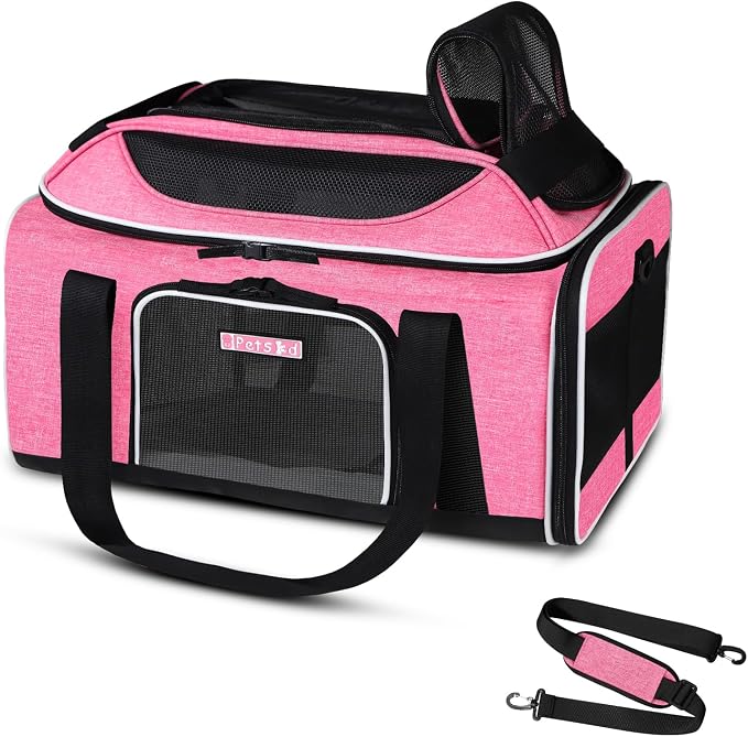 Petskd Top-Expandable Small Pet Carrier 17"x12"x8.5" Airline Approved | for JetBlue/Frontier/Spirit Airlines, Lockable Safety Zippers and Anti-Scratch Mesh, Soft-Sided, Pets Under 8 Lbs, Pink