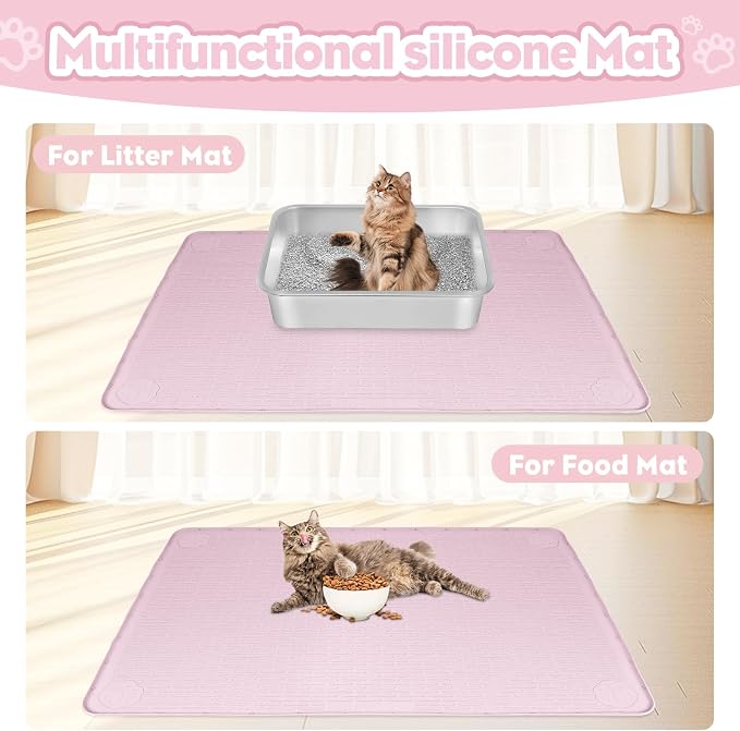 Silicone Cat Litter Mat for Litter Box 40”x28” Large Cat Mat, Pink | Waterproof, Non-Slip, Leak-Proof Rug Mat with Lip, Easy to Clean, Extra Large Litter Catcher Mat for Floor