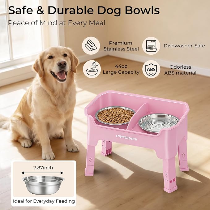 URPOWER Mess Proof Elevated Dog Bowls, Splash Guard Raised Bowl Stand | 4 Height Adjustable Raised Stand with 2 Stainless Steel Food Bowls & Licking Plate for Small, Medium & Large Dogs