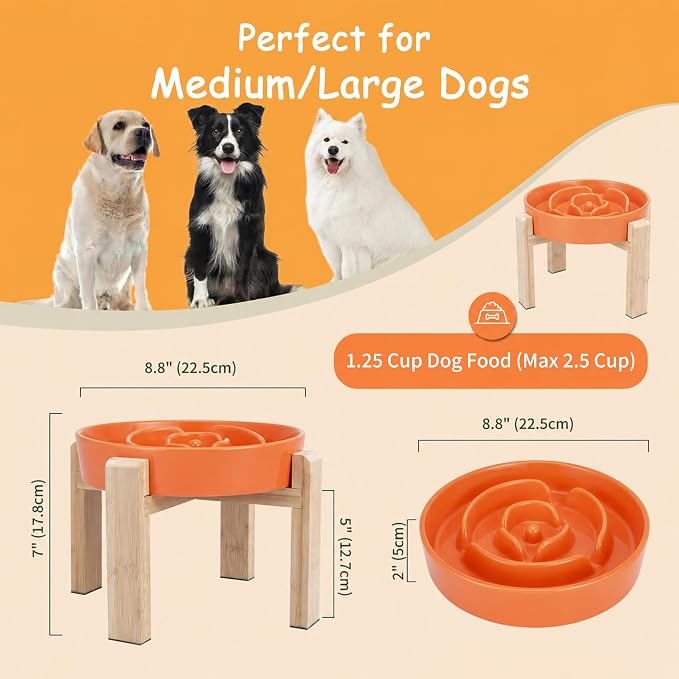 Elevated Slow Feeder Dog Bowl, 8.8" Ceramic Maze Dog Bowl with Stand | 3.2 Cups Slow Feeding Dog Dish for Fast Eaters, 7" Tall Anti-Slip Raised Slow Feeder for Medium to Large Breeds, Orange