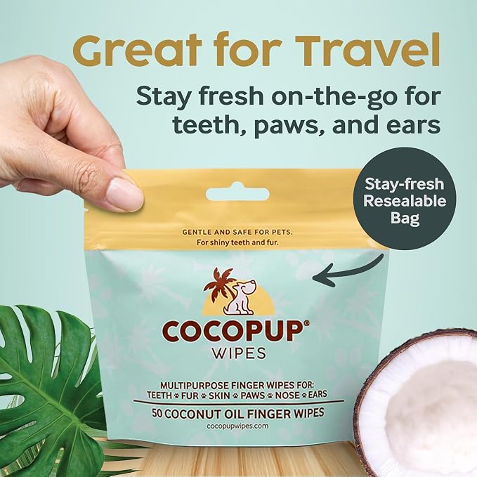 Cocopup Dog & Cat Dental Wipes, Coconut Oil Finger Toothbrush Cleaner | Coconut oil-infused finger wipes for dogs and cats; helps clean teeth, freshen breath, and wipe ears, nose, paws, and fur.
