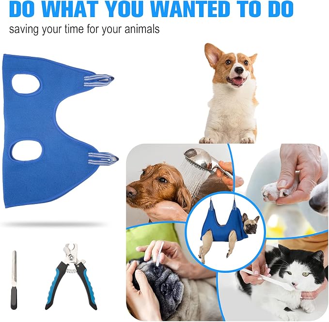 Kkiimatt 10 in 1 Dog Pet Grooming Hammock Harness with Nail Clippers/Trimmer, Dog Hammock for Nail Trim, Grooming Sling Hanger for Nail Trimming/Clipping (S/Under 30lb, Blue)